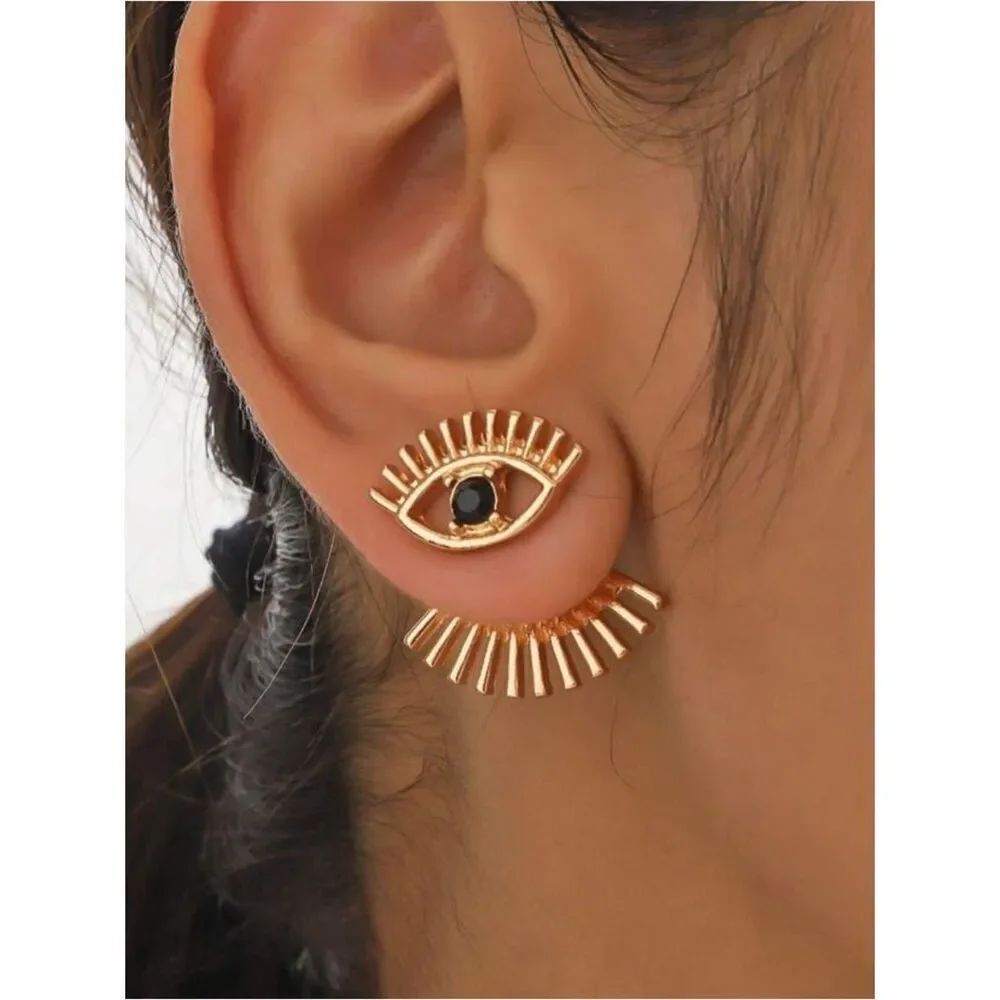 Gold Eye Stud Earrings with Black Stone R 443